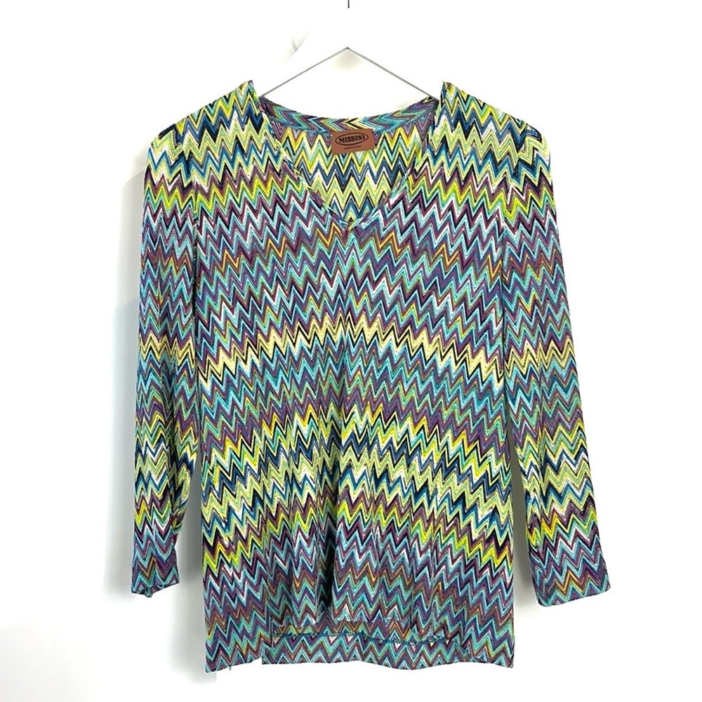 Missoni SS/94 Blue Chevron Knit 3/4 Sleeve Top